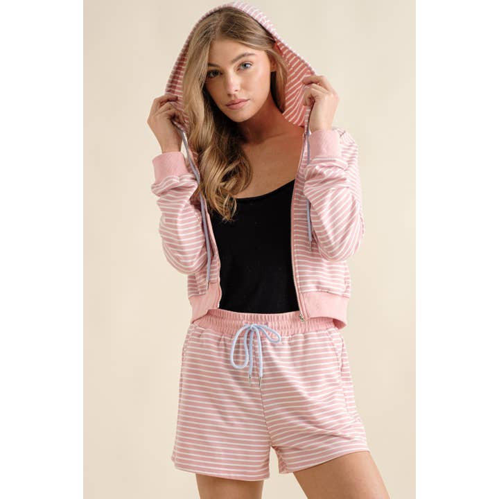 Sweet Generis – wholesale Lounge set – Women's – CONTRAST DRAWSTRING ZIP UP HOODIE AND SHORTS SET2