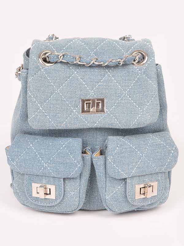 Sac à dos à double poche avant en jean matelassé pour la vente par Shop Neighbors