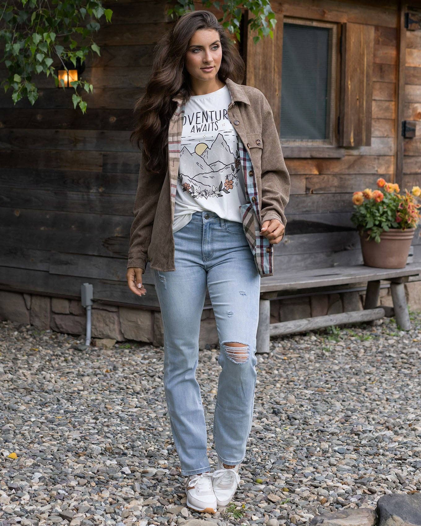 Reversible Corduroy Shacket in Tan/Olive Plaid for wholesale on Faire5