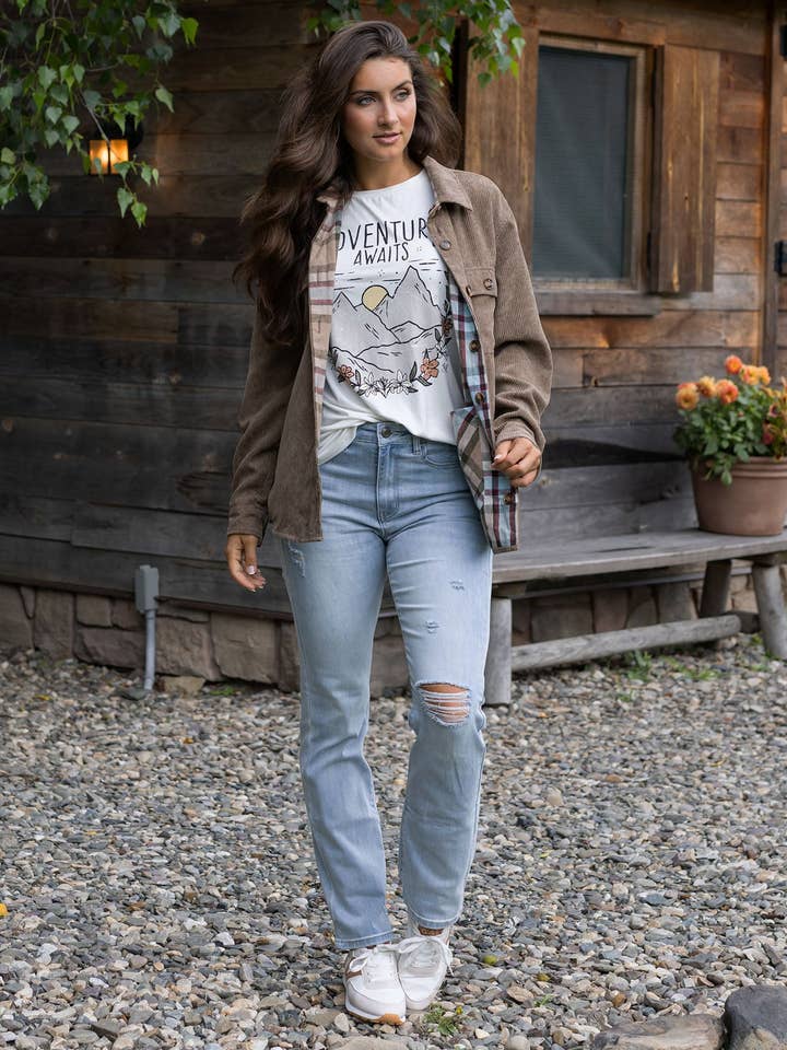 Reversible Corduroy Shacket in Tan/Olive Plaid for wholesale on Faire5