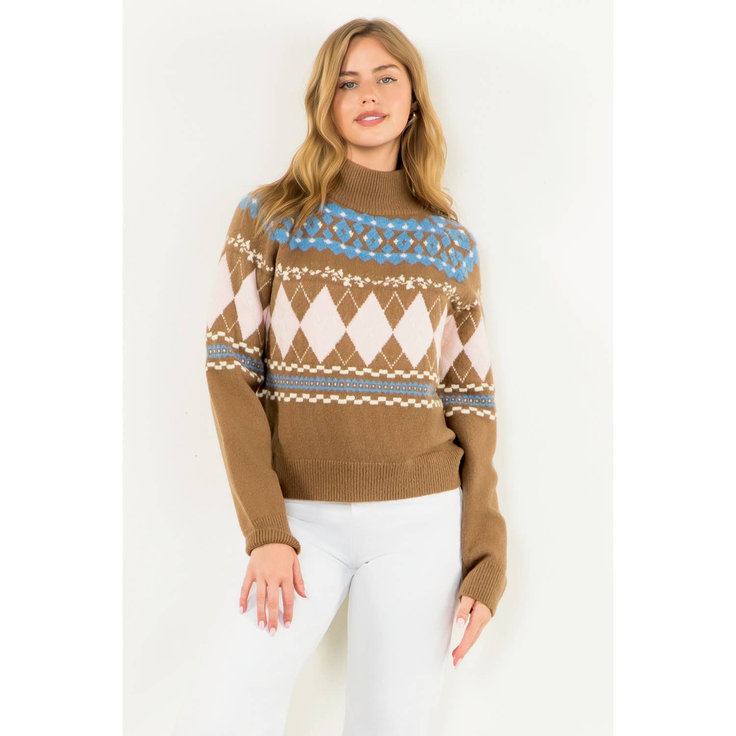 BROWN Argyle Fair Isle Mock Neck Sweater for wholesale on Faire5
