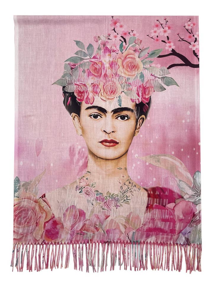 Frida Kahlo Wollquastenschal mit floralem Portraitmuster für den Großhandel von Fashion Scarf World