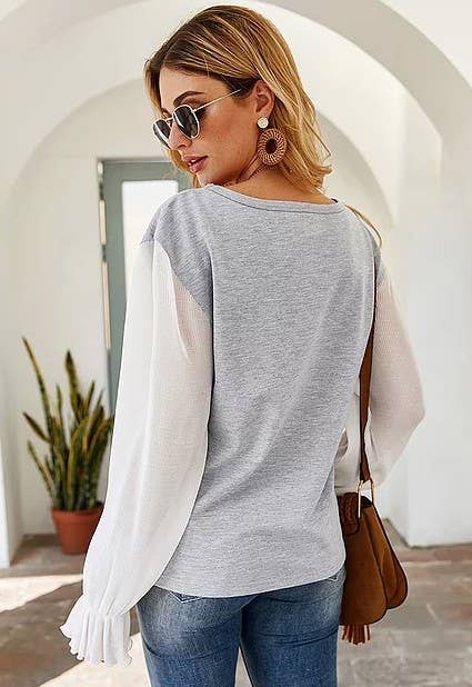 Grey Women Raglan Style Pleated Chiffon Sleeves Loose fit Shirt for wholesale on Faire5