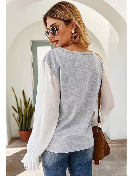 Grey Women Raglan Style Pleated Chiffon Sleeves Loose fit Shirt for wholesale on Faire5