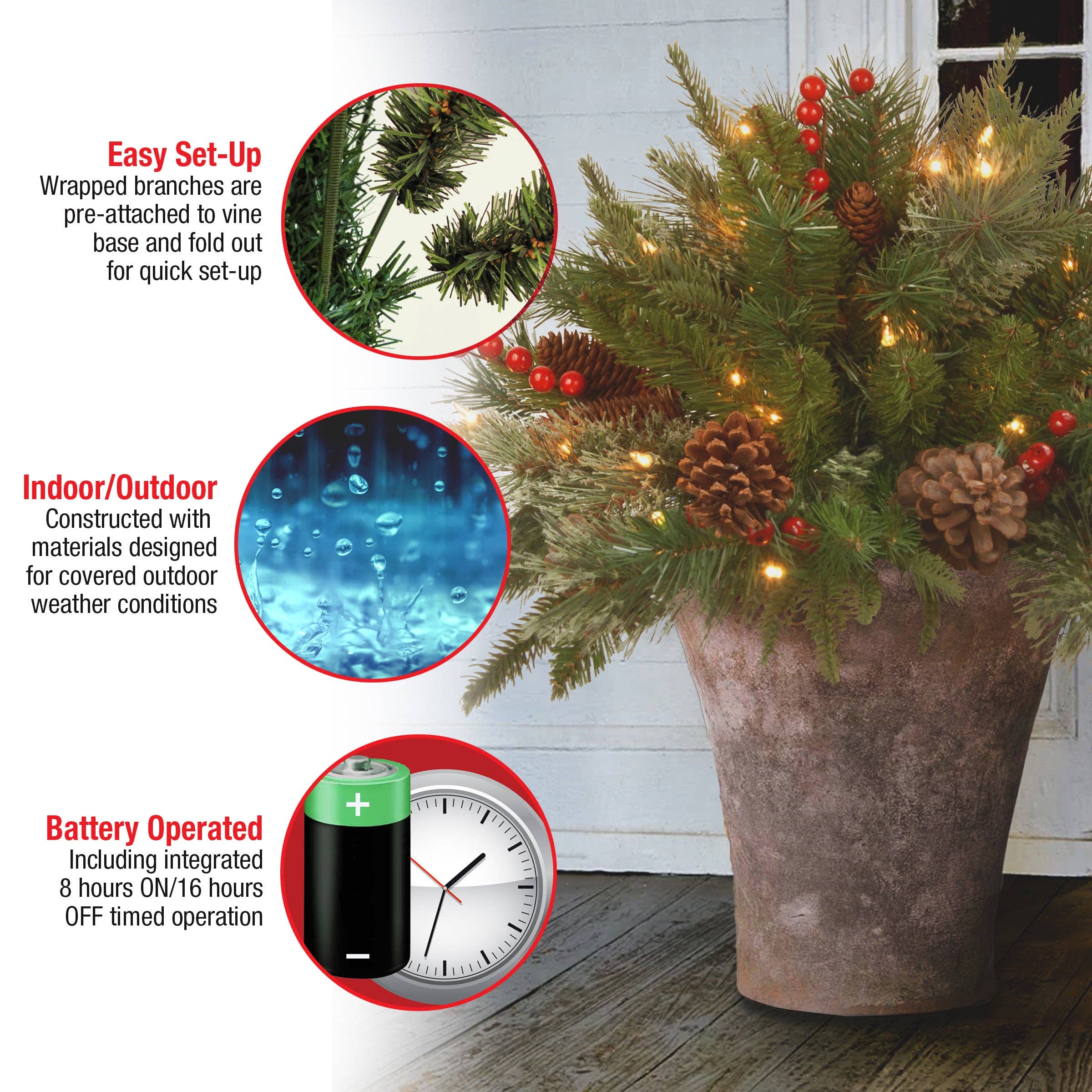 National Tree Company - Wholesale Artificial Plant - 18 in. Colonial Fir Urn Filler with LED Lights4