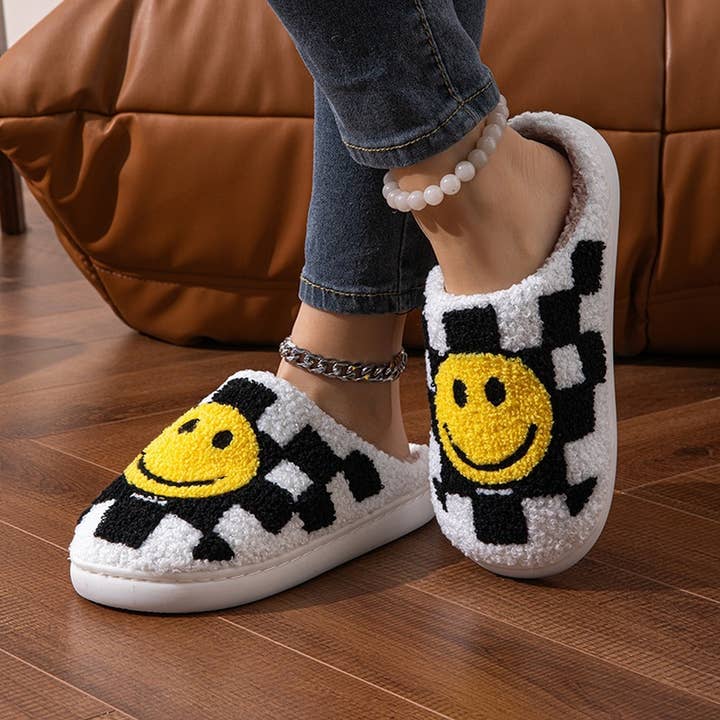 Black HOME CHECKERBOARD SMILEY FACE COTTON SLIPPERS_CWSHS0559 for wholesale on Faire