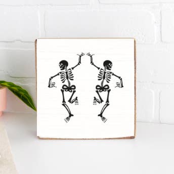 Two Dancing Skeletons Decorative Wooden Block for wholesale by Rustic Marlin