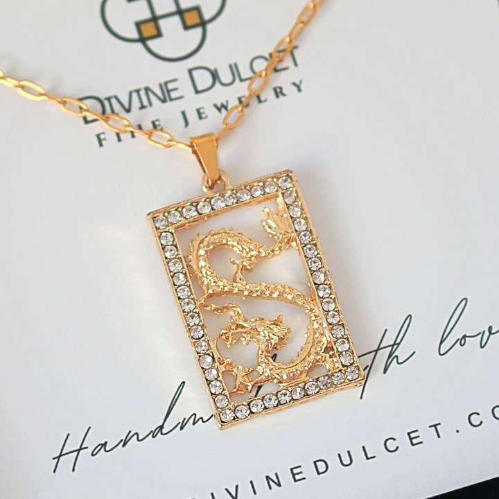 Divine Dulcet - Wholesale Pendant/Charm Necklace - 24 Karats Cubic Zirconia Chinese Dragon Necklace