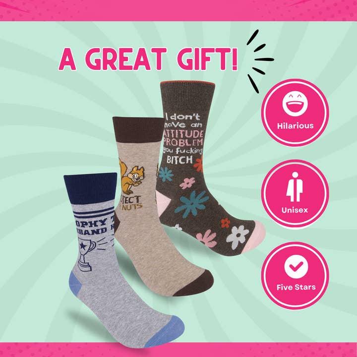 Funatic - About Face Designs - Nice Enough Merch Co - Wholesale Socks - Men's - Trophy Husband Socks | Funny | Men's | Groom Gift | Funatic