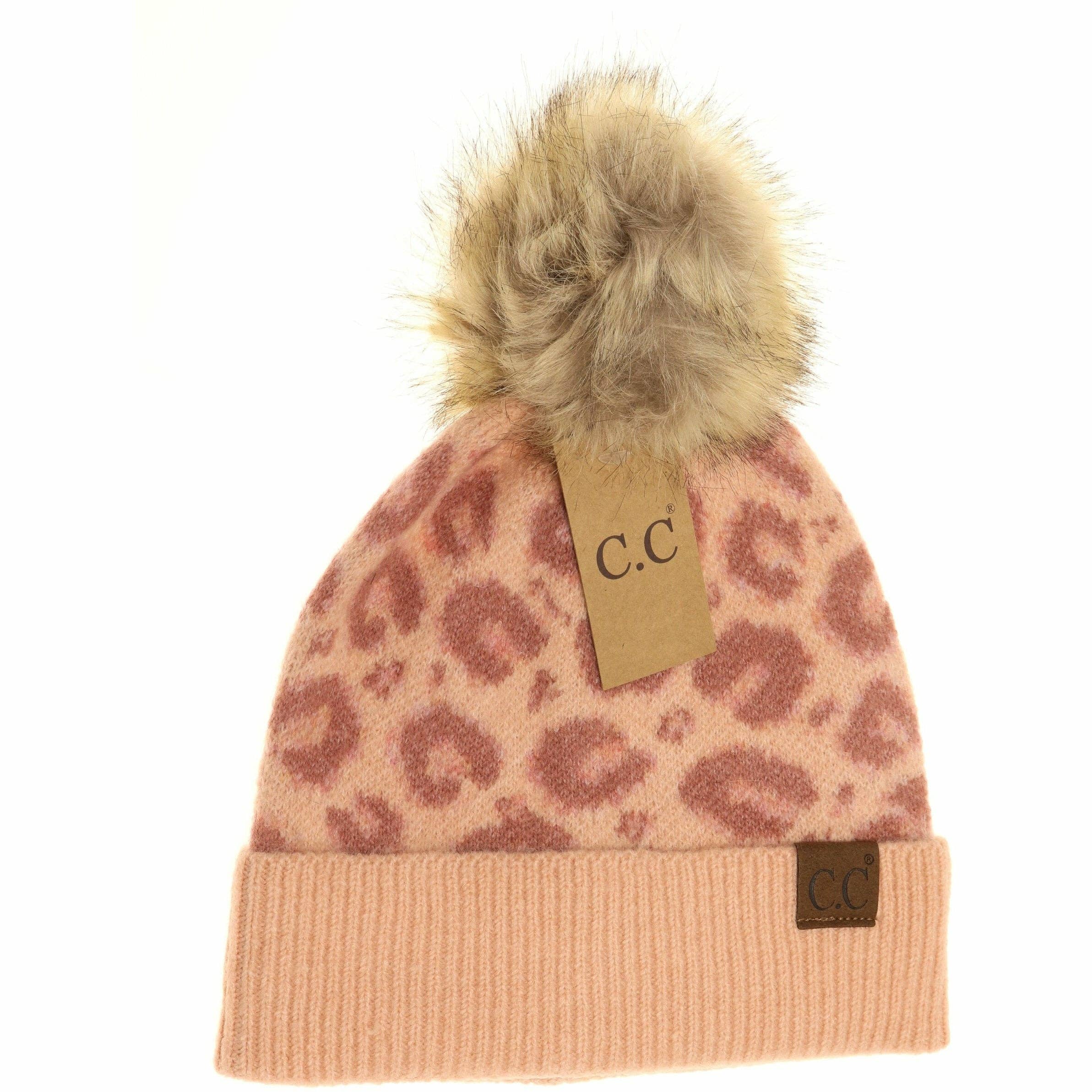 C.C Beanie - Venta al por mayor Gorro de lana - Mujer - Gorro con pompones de piel sintética con estampado de leopardo HAT35130