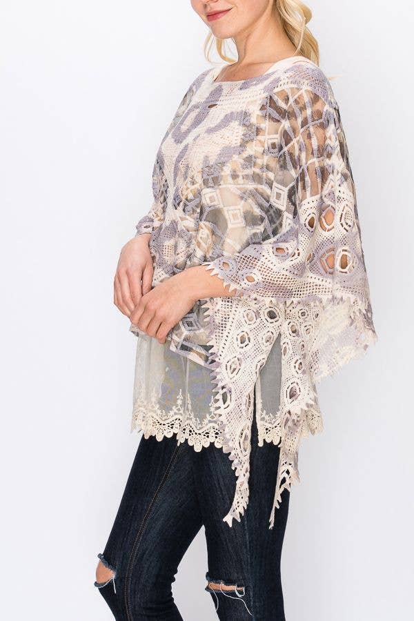 PT Leopard Aufwendig gehäkeltes Poncho-Top mit geometrischen Stickdetails -1139 NAT/LEOPARD für den Großhandel auf Faire1