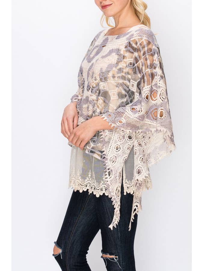 PT Leopard Aufwendig gehäkeltes Poncho-Top mit geometrischen Stickdetails -1139 NAT/LEOPARD für den Großhandel auf Faire1