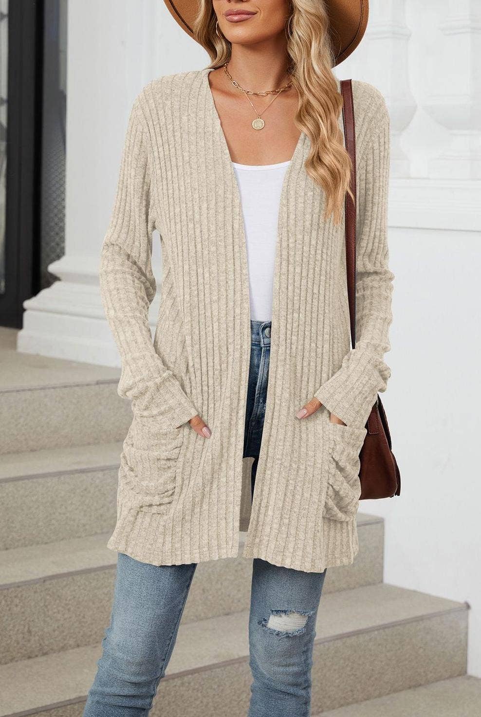 FULL TIME PURCHASE - Vente Cardigan – femme - Gilet en maille uni à manches longues avec poches7
