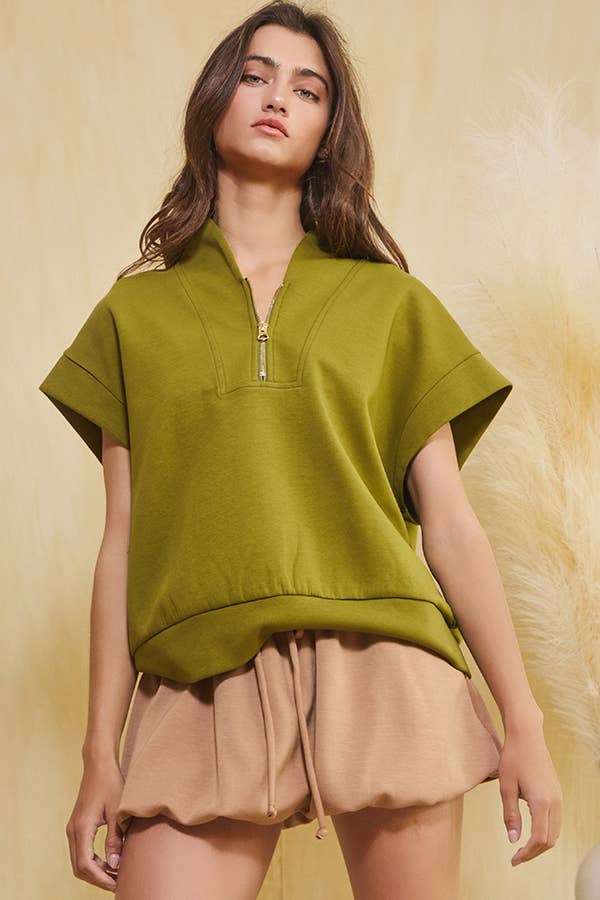 BUCKETLIST INC - Wholesale Sweatshirt - Women's - IT2154-1 Short Sleeve Half Zip-Up Scuba Sweatshirts5