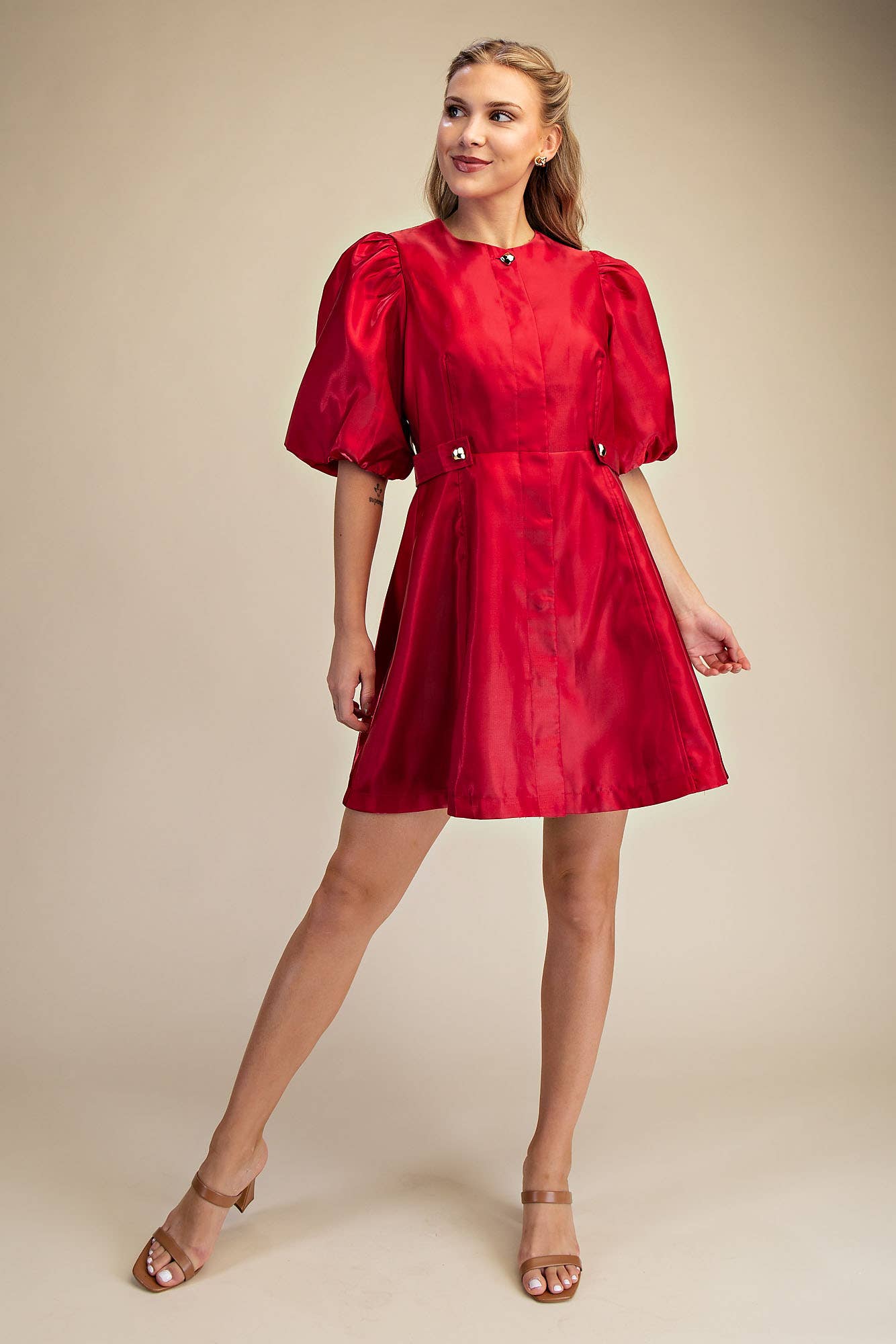 Glam - Wholesale Dress - Women's - Collar Neck Puff Sleeve Waist Detail Shiny Mini Dress11