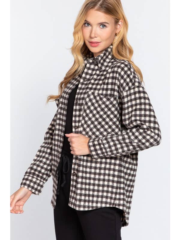 Ivy Cream brown Long Sleeve Brushed Plaid Oversized Jacket for wholesale on Faire