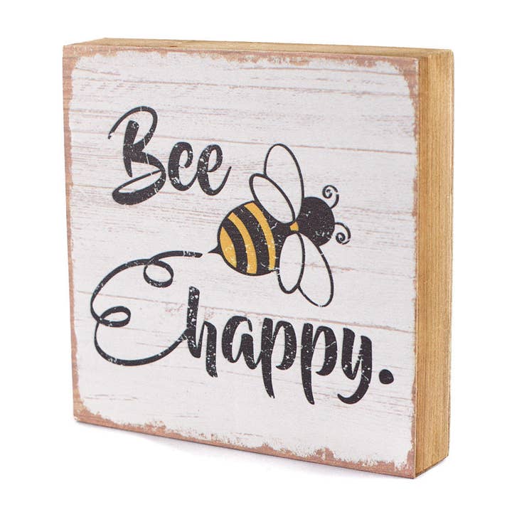 Rustik "Bee Happy" Blokskilt (5" x 5" x 1") for engroshandel hos Factory Direct Craft