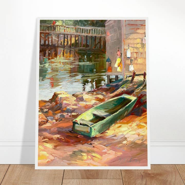 „Boathouse Reflections“ Küste | 18x24 Zoll Holzgerahmter Kunstdruck | Originalkunstwerk der amerikanischen Künstlerin Barbara Cleary für den Großhandel von Barbara Cleary Designs