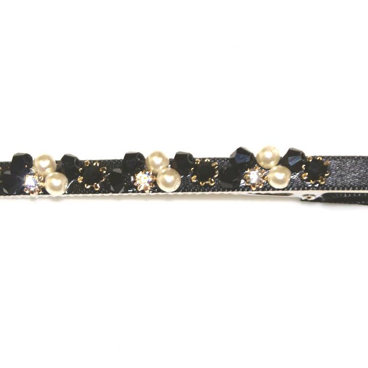 Pearl & Crystal Satin Covered Clip - Black - HHC198 BLACK for wholesale by Hepburn & Co.