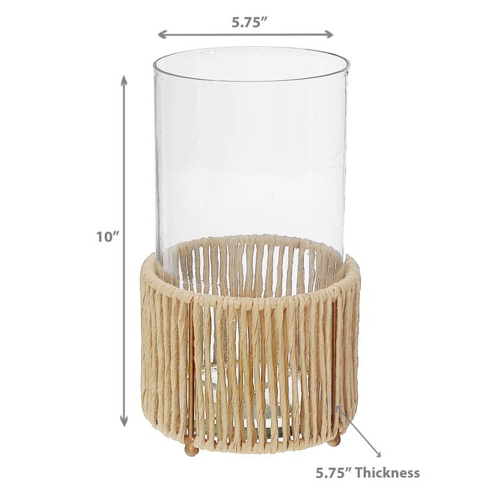 Multi Portavelas de cristal Hurrican con base de metal y rafia grande de venta al por mayor en Faire
