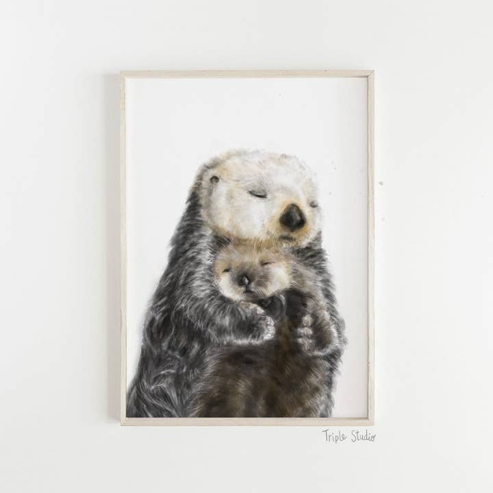 Triple Studio - Venta al por mayor Ilustración - Impresión artística Sea Otter Mom and Baby | Decoración de pared del cuarto de niños del océano2
