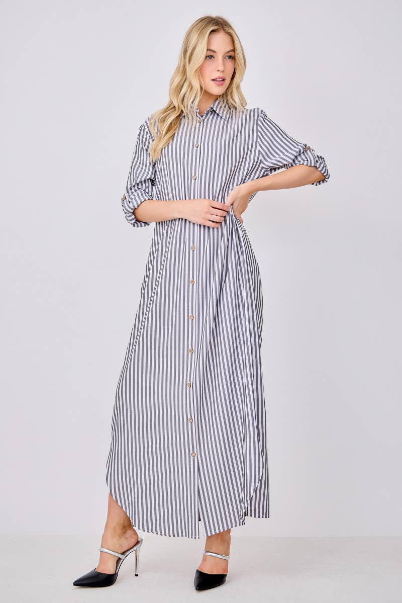 Peace Love Line – wholesale Dress – Women's – SLI3048 - STRIPED BUTTON DOWN SHIRT MAXI DRESS5