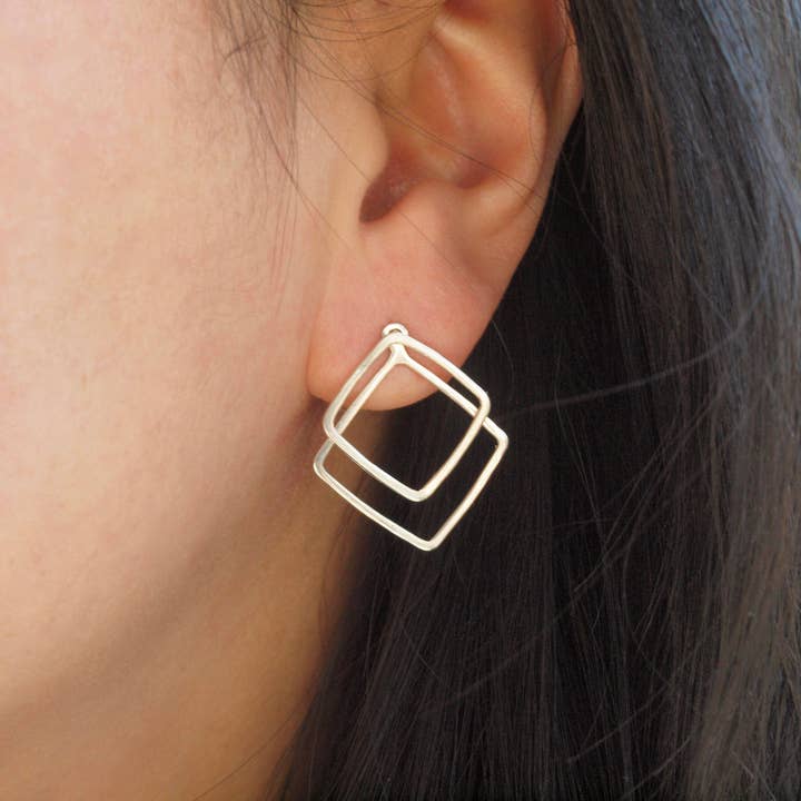 Pendientes de aro de doble rombos, arete de plata de ley para venta al por mayor de Siebijoux