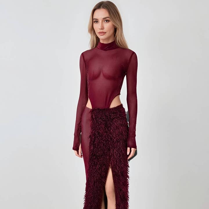 Mock Neck Sheer Mesh Bodysuit & Feather Slit Maxi Skirt Set for wholesale by BELLISSIMA FASHION