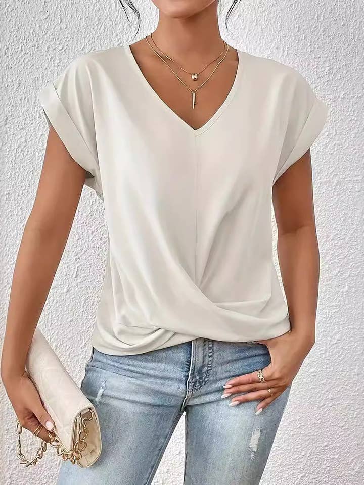 Rosa Clothing - Wholesale T-Shirt - Women's - Solid Color V-Neck T-Shirt Elegant Short Sleeve Top
