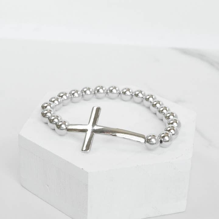 PennyLine inc - Wholesale Beaded Bracelet - Minimal Cross Ball Beads Stretchy Bracelet - Gold Silver tones