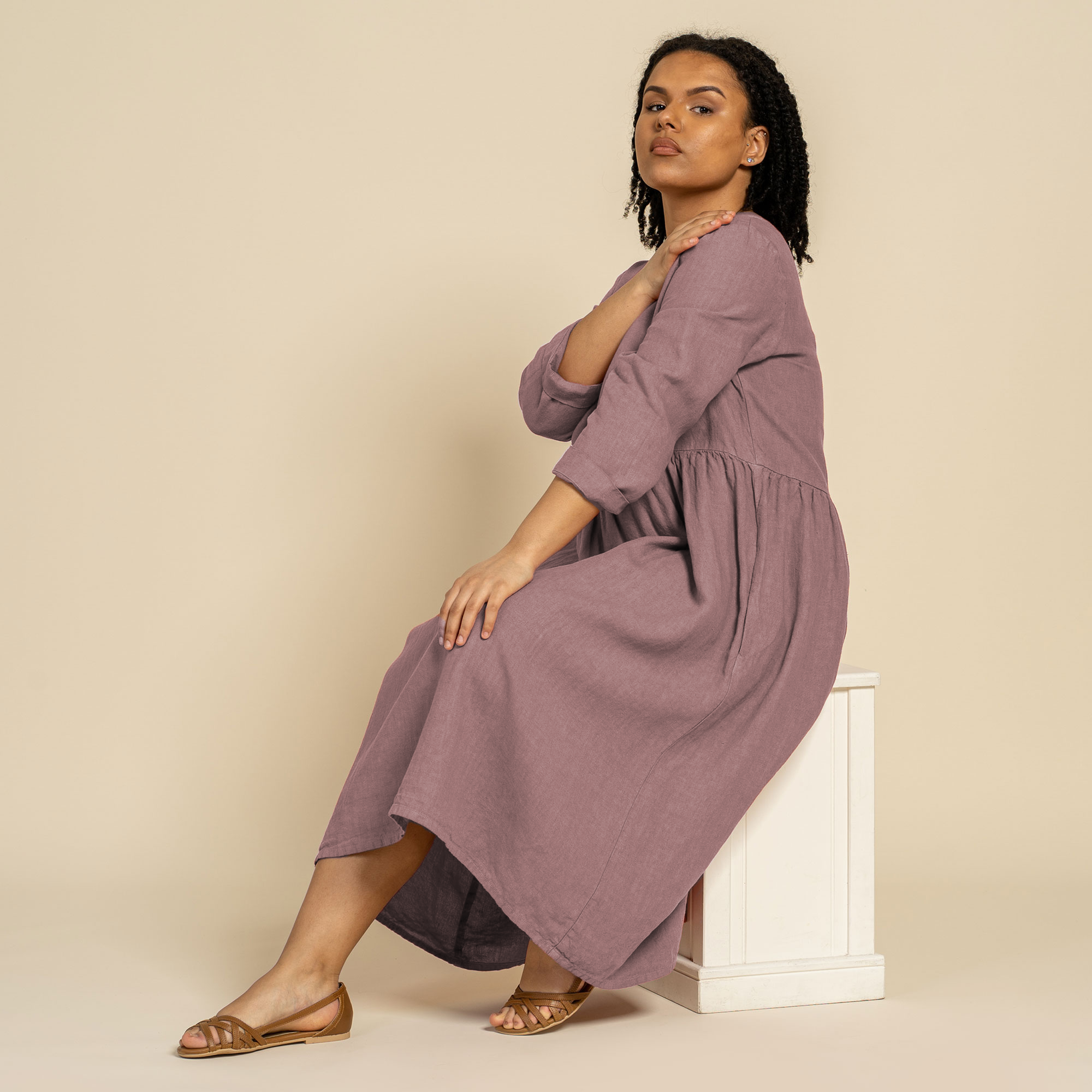 menique - Wholesale Dress - Women's - Natural 100% Linen Smock Dress Lucy - 3/4 Sleeve Dress2