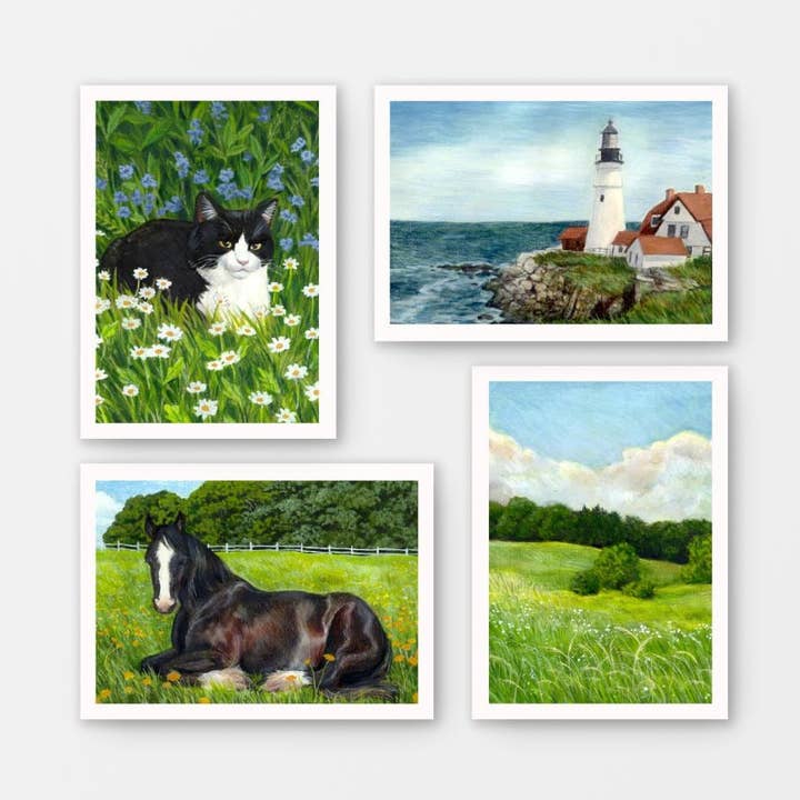 Nature Gouache Mini Prints: Horse, Lighthouse for wholesale by Tea Thyme Stationery