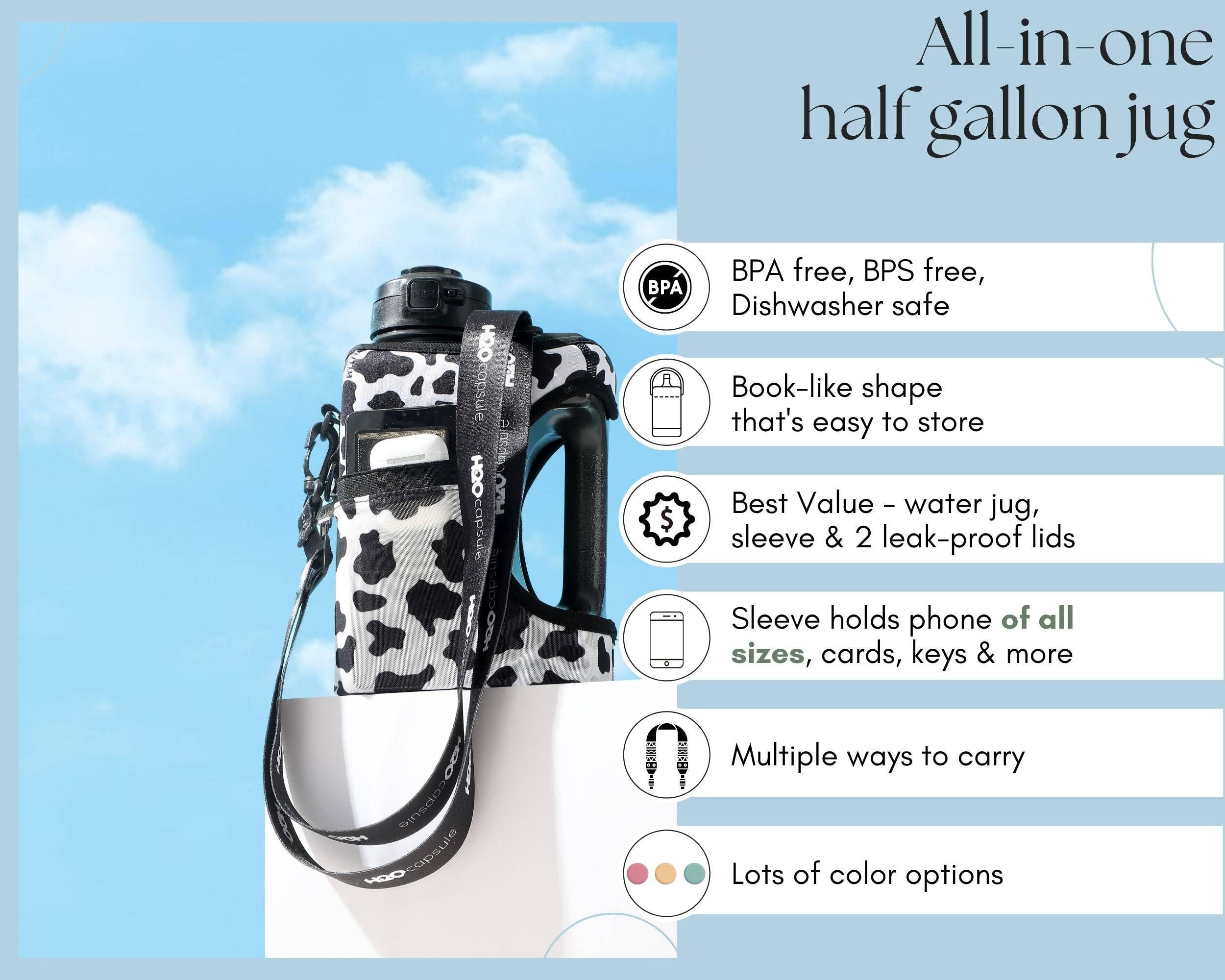 H2O Capsule – wholesale Water bottle – Cow - Cube - Half Gallon Water Bottle with Storage Sleeve and 2 lids7