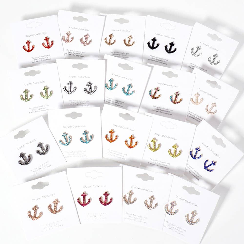 Sensibling Corp. - Venta al por mayor Pendientes de botón/aretes de poste - Pendientes de botón con ancla pavimentada de cristal de imitación.50