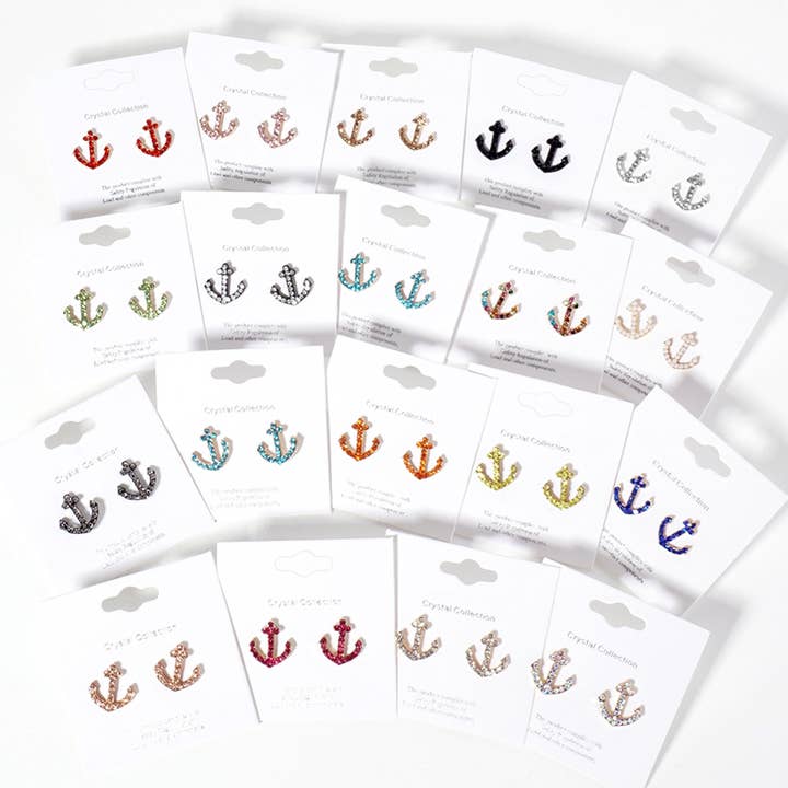 Sensibling Corp. - Venta al por mayor Pendientes de botón/aretes de poste - Pendientes de botón con ancla pavimentada de cristal de imitación.50