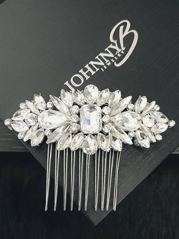 ETHEL - MULT-FORMADE SNITT KRISTALL HÅR KAM I SILVER för wholesale av JohnnyB Jewelry