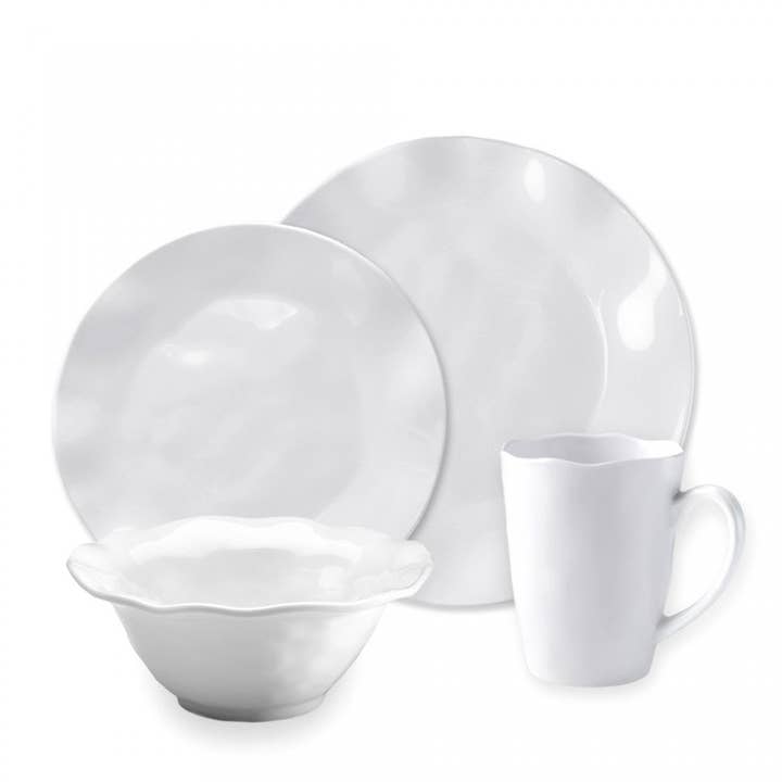 Ruffle Weiß Melamin Rundes 16-teiliges Geschirrset für den Großhandel von Q Squared
