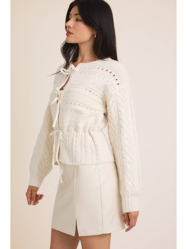 White FRONT TIES LONG SLEEVE OPEN KNIT SWEATER CARDIGAN for wholesale on Faire