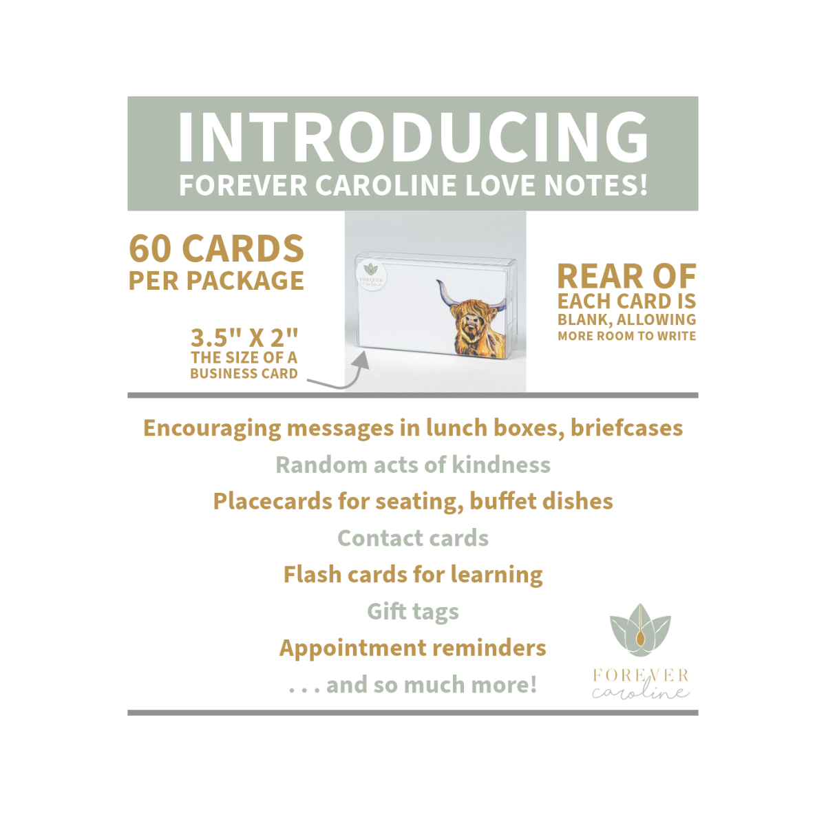 Forever Caroline LLC - Vente Assortiments de papeterie/cartes - Cartes Miniatures Vache Highland | Lot de 60 "Billets Doux"1