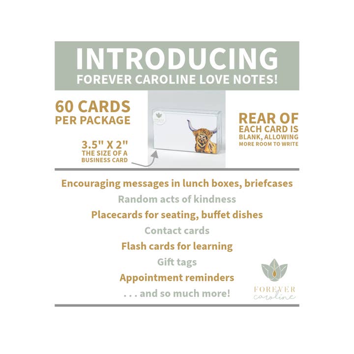 Forever Caroline LLC - Wholesale Stationery/Notecard Set - Highland Cow Tiny Cards | Pack of 60 "Love Notes" 1
