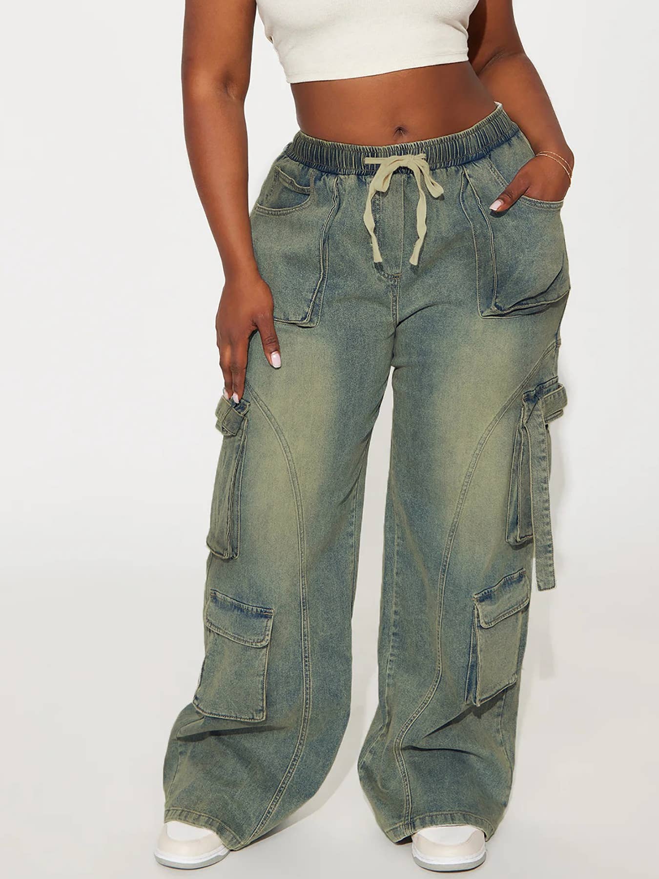 BLUE HIP HOP CARGO PANTS BAGGY CARGO WIDE-LEG JEANS for wholesale on Faire2