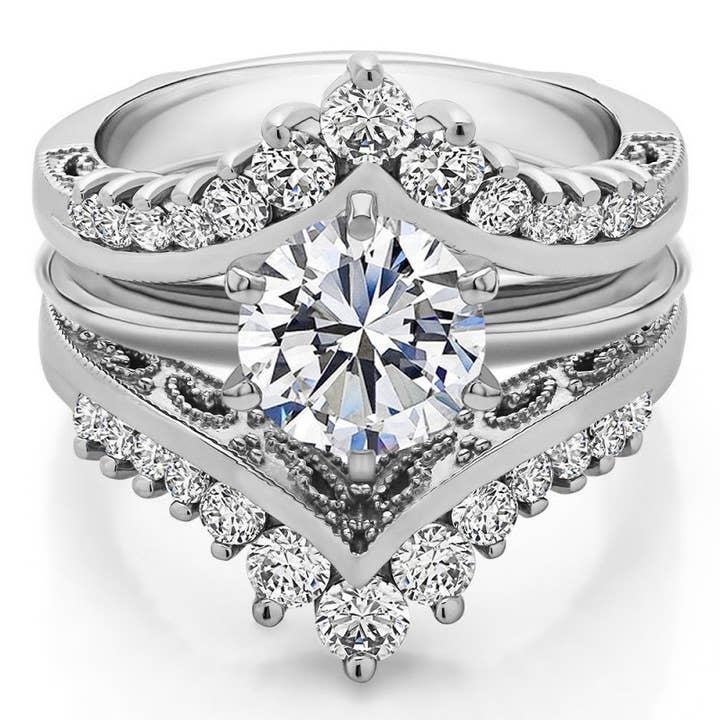 TwoBirch - Wholesale Wedding Band/Ring - Sterling Silver Chevron Ring Guard with Cubic Zirconia