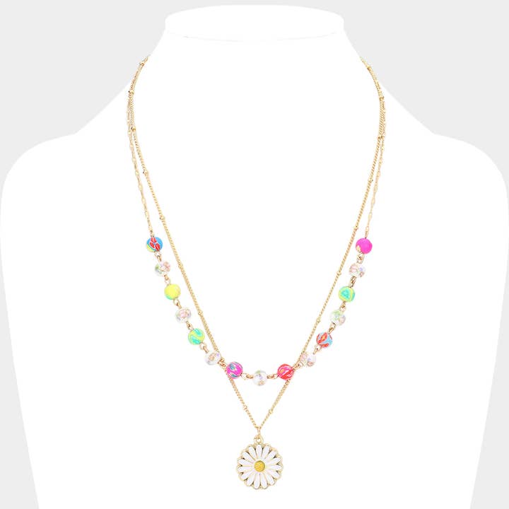 Enamel Daisy Pendant Flower Patterned Beaded Double Layered Necklace for wholesale by Sensibling Corp.