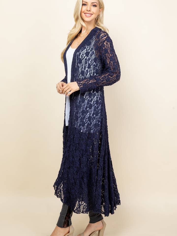 Navy Blue Long Lace Duster – Boho Pucker Jacket for Women | Made in USA for wholesale by Kooniez