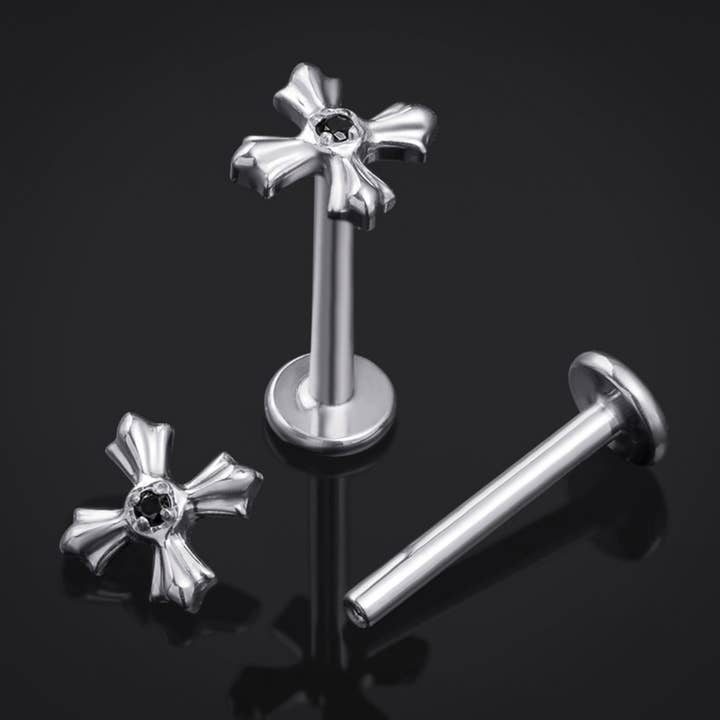 Silver Black Jewelled Cross Internally Threaded Titanium Labret Stud 1.2mm Gauge for wholesale by Custom Plugs