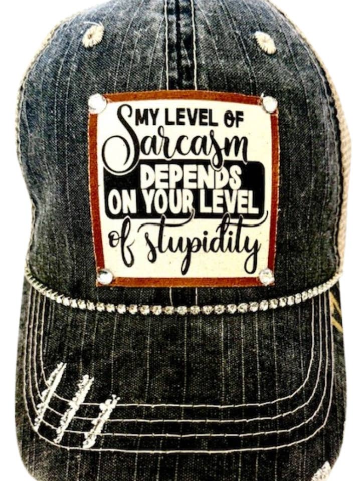 (17) "MY LEVEL OF SARCASM" DISTRESSED TRUCKER HAT for wholesale by Jana's Flannels