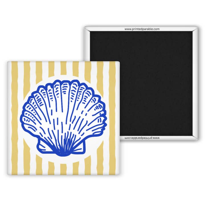 Blue shell magnet, Mediterranean summer style, whimsical coastal magnet for wholesale by Printed Parable