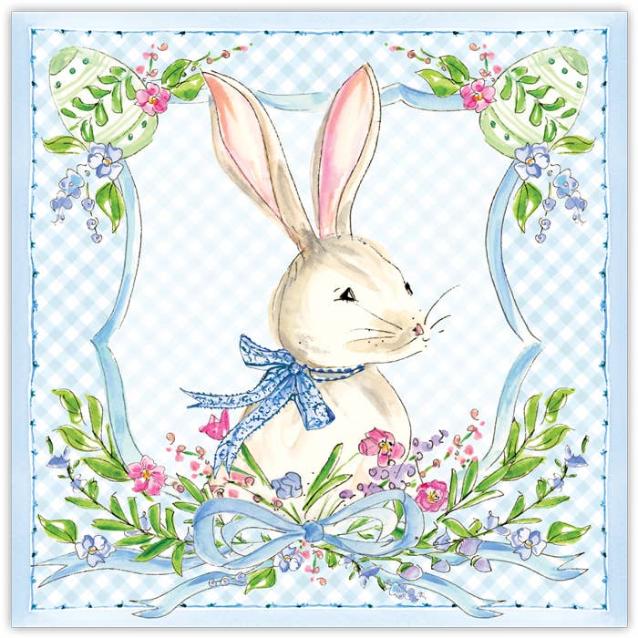 Tovaglietta quadrata con coniglietto in fiocco blu e bordo a quadretti blu per la vendita all'ingrosso da parte di RosanneBeck Collections