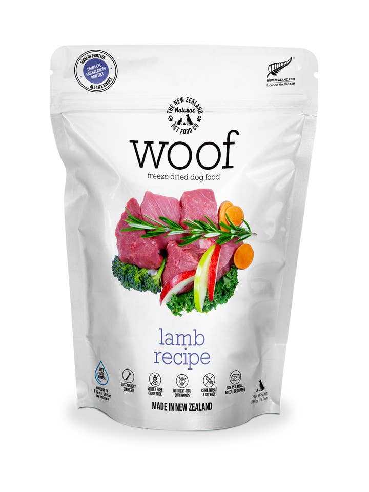 Woof Lamb Freeze Dried Dog Food 1.76oz | 9.9oz | 2.2lb for wholesale by The New Zealand Natural Pet Food Co