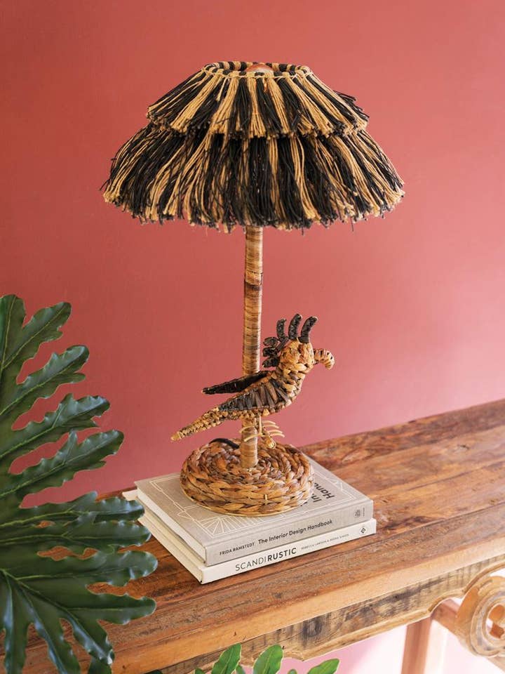 LAMP W SEAGRASS BIRD BASE & BLACK JUTE SHADE for wholesale by Kalalou